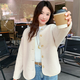 圆领仿羊羔绒休闲外套男女装冬新款摇粒绒小个子开衫长袖宽松上衣