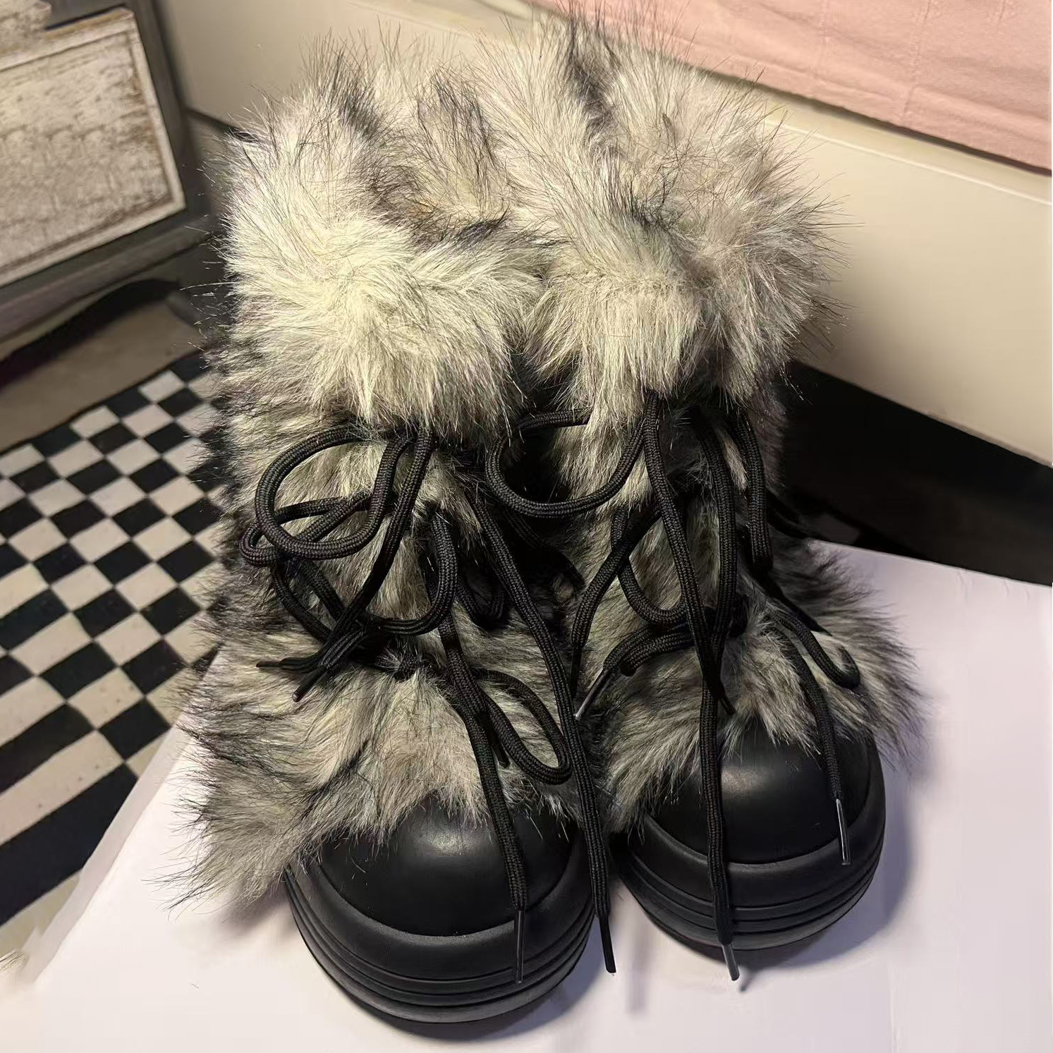 小个子厚底毛毛雪地靴大头厚底鞋