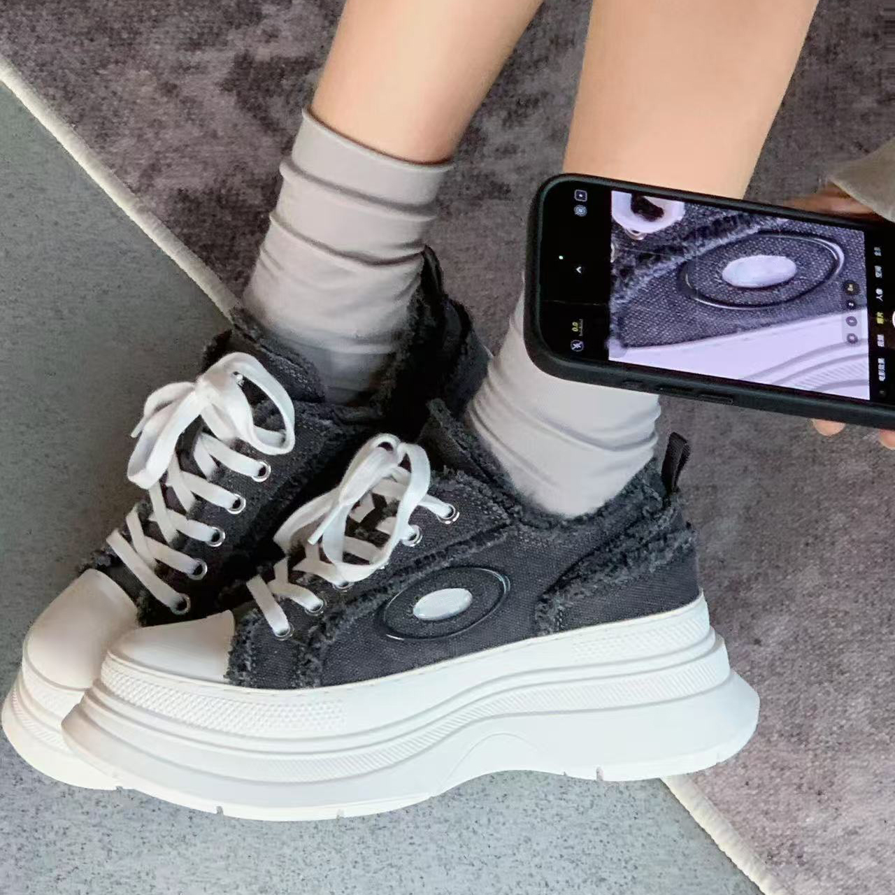 左岸灰厚底增高帆布鞋ins风毛边休闲鞋2025新款冬季百搭松糕鞋女