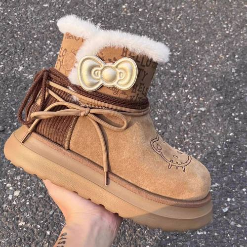 helloKitty猫皮毛一体雪地靴女冬季新款民族风加绒加厚保暖棉鞋子