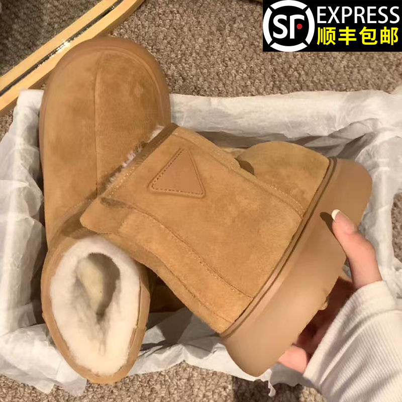 明星同款卡皮巴拉大头雪地靴女2025冬季新羊皮毛一体厚底保暖棉鞋