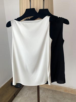 性感一字领真丝纯色背心