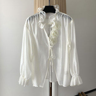 饰长袖 女立体玫瑰花朵装 上衣2026 甜美重工木耳边深绑带衬衫 法式