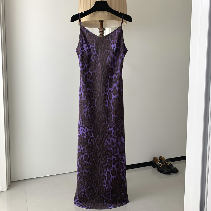 斜剪裁美式性感 紫色豹纹醋酸V领吊带连衣裙女收腰显瘦无袖长裙夏