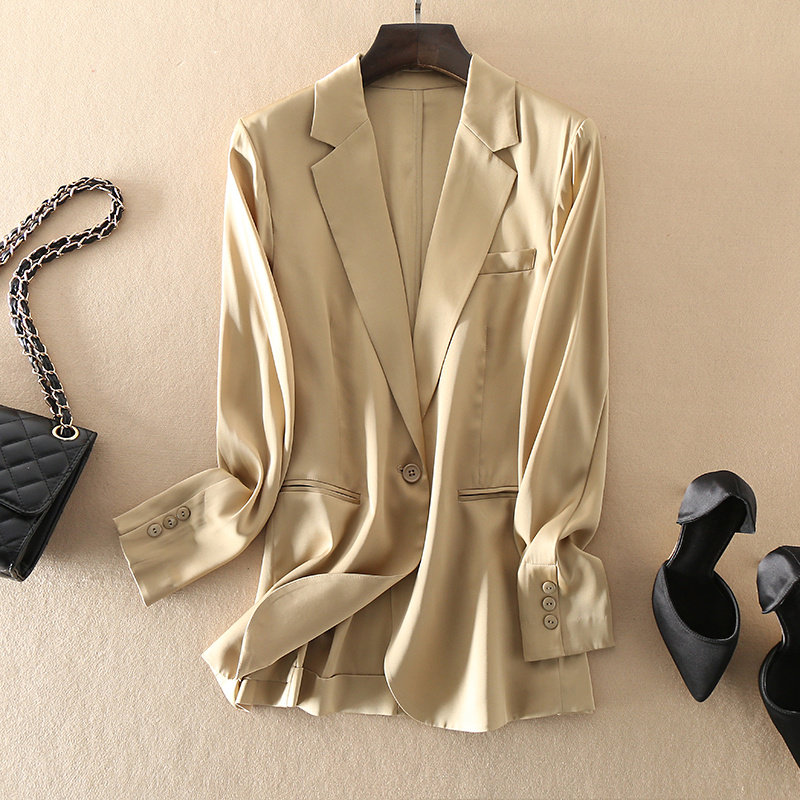 【断码特价】高端品质 重磅缎面真丝西装外套女香槟金桑蚕丝上衣