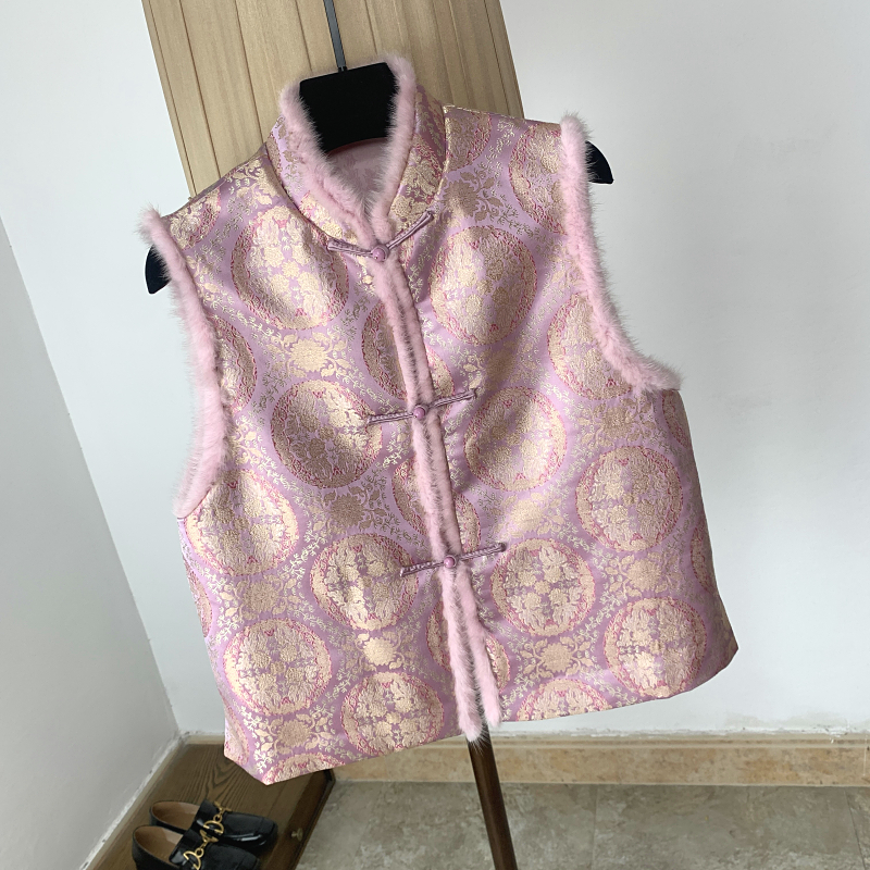 新中式真丝织锦缎提花夹棉马甲