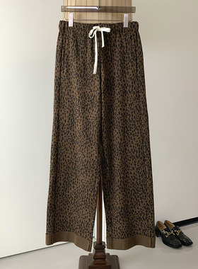 上身太时髦了~复古豹纹卷边纯棉休闲裤女宽松直筒阔腿长裤子百搭
