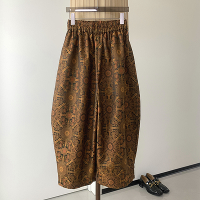 新中式真丝提花松紧腰八九分裤女