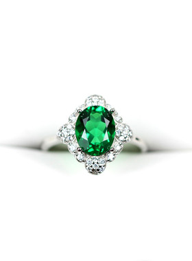 祖母绿戒指女925纯银碧玺色单