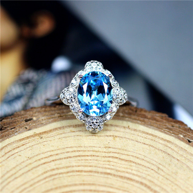 海蓝宝石戒指女食指戒925纯银ins抖音网红同款日韩送女友个性开口