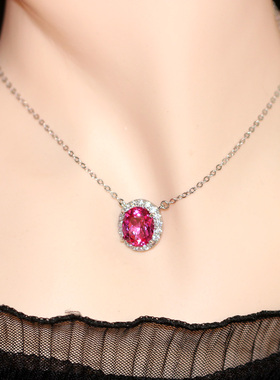 玫红碧玺项链套链925纯银镀白金