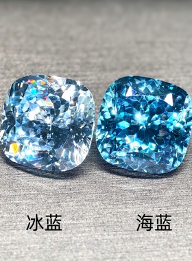 高精切正方形海蓝宝裸石戒面浅蓝色培育宝石枕形火彩闪光彩宝珠宝
