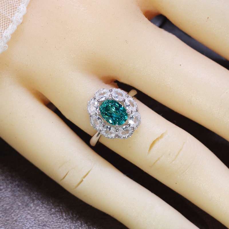 帕拉伊巴戒指女椭圆形蓝绿碧玺食指环925纯银镀白金精致靓丽时尚