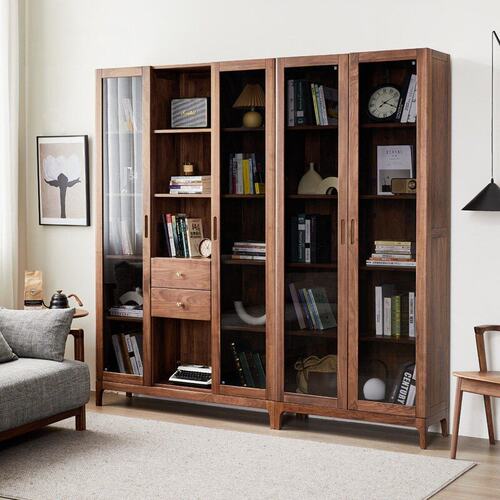 北欧黑胡桃实木玻璃门落地书柜