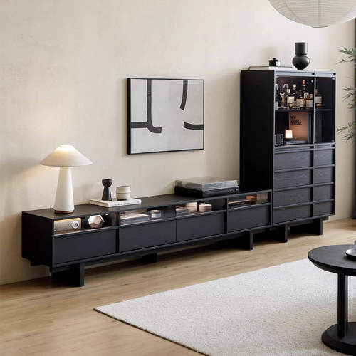黑色实木电视柜边柜立柜组合复古客厅装饰立柜侘寂风收纳储物柜