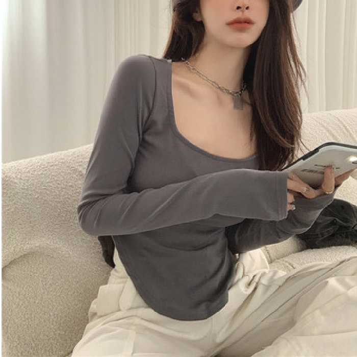 修身不规则低领性感长袖T恤女