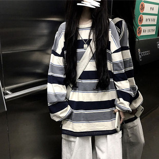 T恤上衣女学生百搭 2025春秋季 新款 韩版 中长宽松原宿bf风条纹长袖