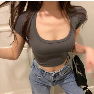 时尚新品短款性感露脐t恤女打底衫上衣韩版修身短袖U领夏季新款