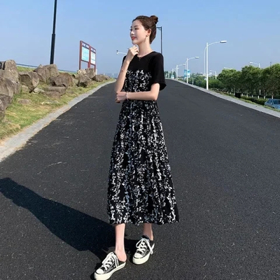 拼接碎花裙气质高腰显瘦长裙