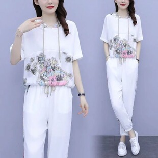 2022夏季新款连帽短袖九分裤运动两件套潮休闲套装时尚洋气套装女