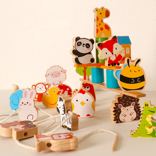 儿童蒙氏早教大颗粒实木串珠宝宝益智玩具穿线积木多功能叠叠乐