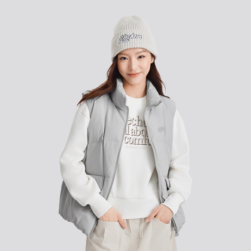 Skechers斯凯奇秋冬款女子时尚百搭轻薄保暖立领羽绒马甲L424W115