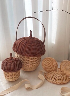 ins韩国儿童帽子手工编织藤艺松果背包可爱挎包手提包拍照道具