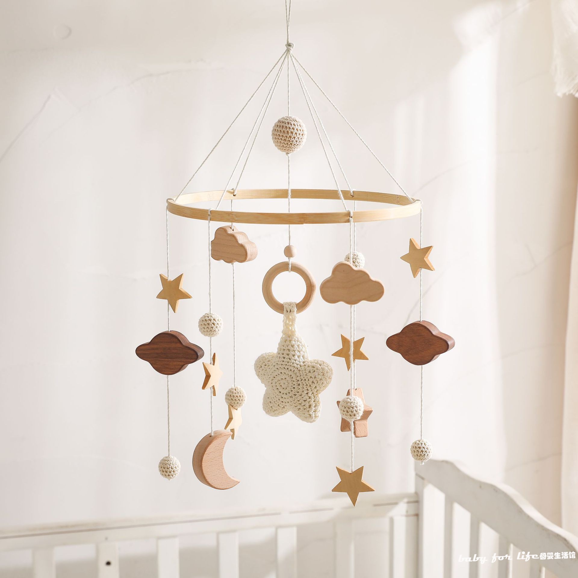 星星月亮云朵婴儿床挂件满天星床铃简约婴儿房装饰木质风铃挂饰