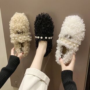毛毛鞋女秋冬新款珍珠扣带仿羊卷毛豆豆鞋瓢鞋女舒适百搭女鞋绒