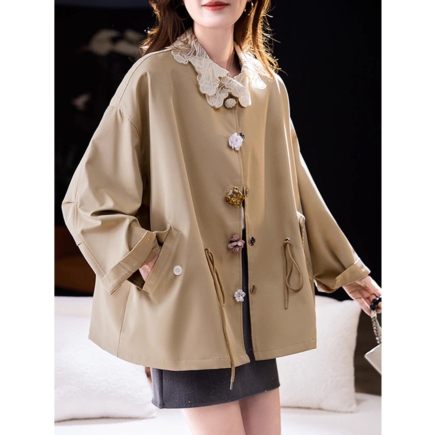 欧货风衣蕾丝娃娃领大衣