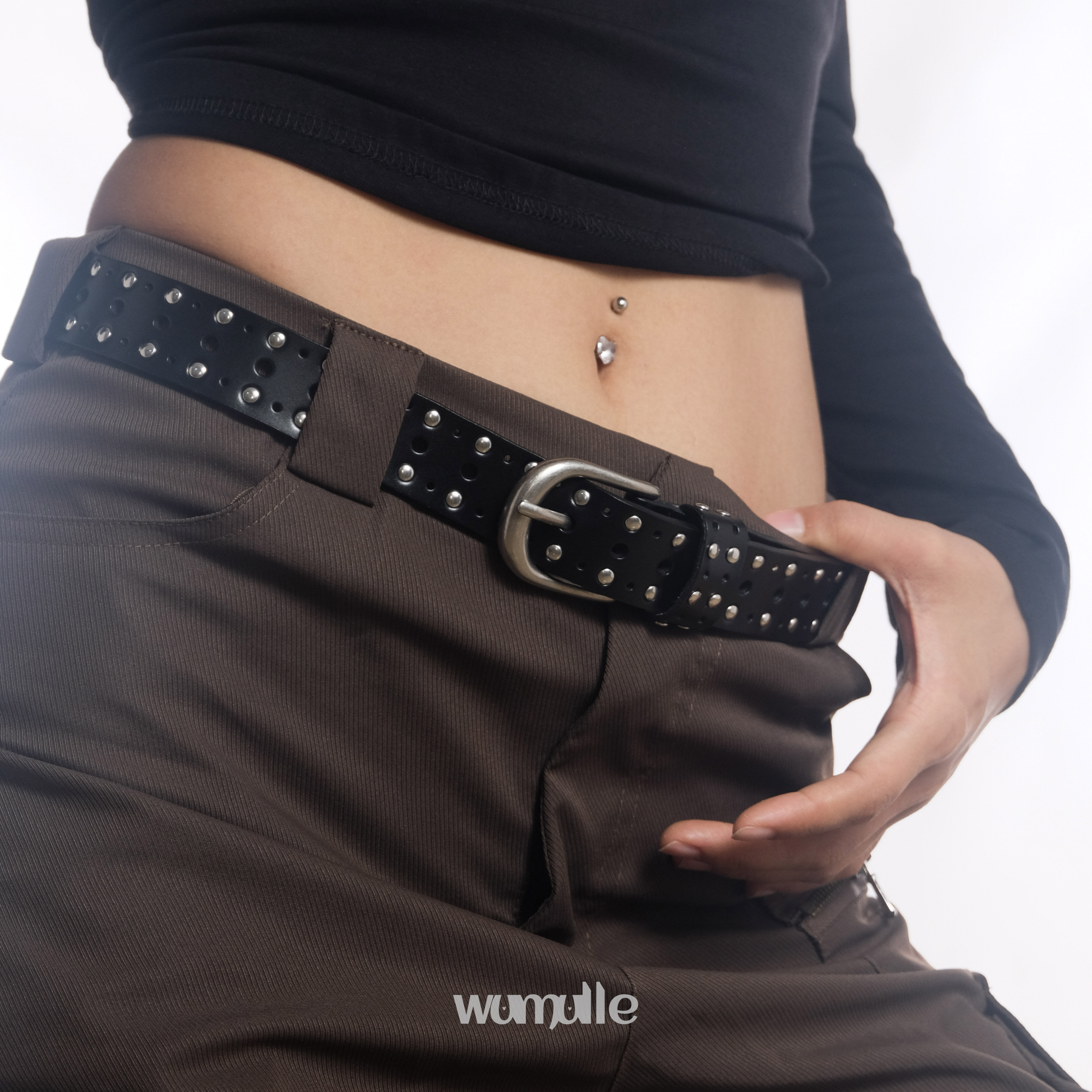 wumulle 真皮美式复古皮带 铆钉免打孔朋克百搭牛皮腰带 百搭男女