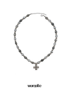 叠搭十字架纹路复古质感B16 拼接大理石灰色珠项链 wumulle 中式