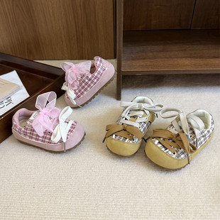 牛筋底防滑条纹格子英伦粉色幼童女宝宝男阿甘稳步单鞋 子1一3岁半
