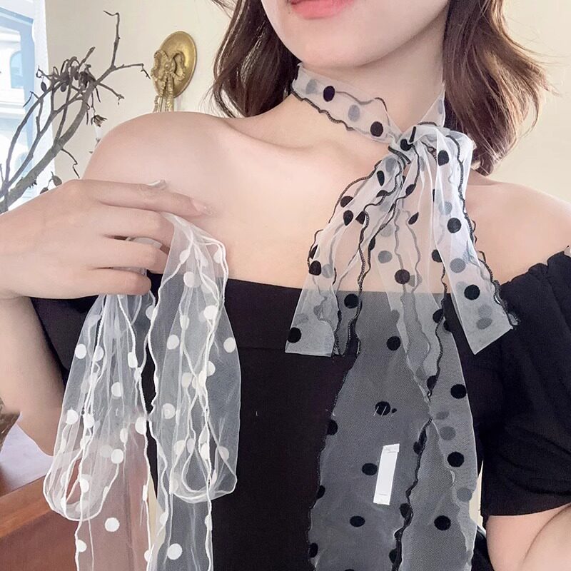 蕾丝黑色波点长条丝巾女高级感脖子配饰欧根纱颈饰绑头发丝带