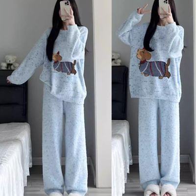 可爱半边绒冬季珊瑚绒睡衣女加厚保暖网红ins风大码家居服套装