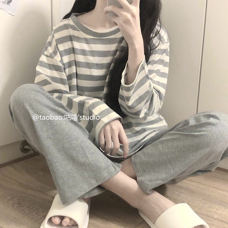 日系休闲睡衣女纯棉长袖学生可出门外穿春秋季全棉条纹家居服套装