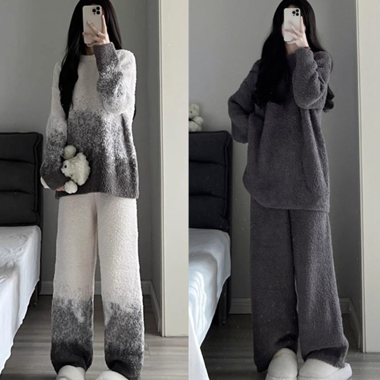 软绵绵半边绒冬季珊瑚绒睡衣女加厚保暖网红ins风大码家居服套装