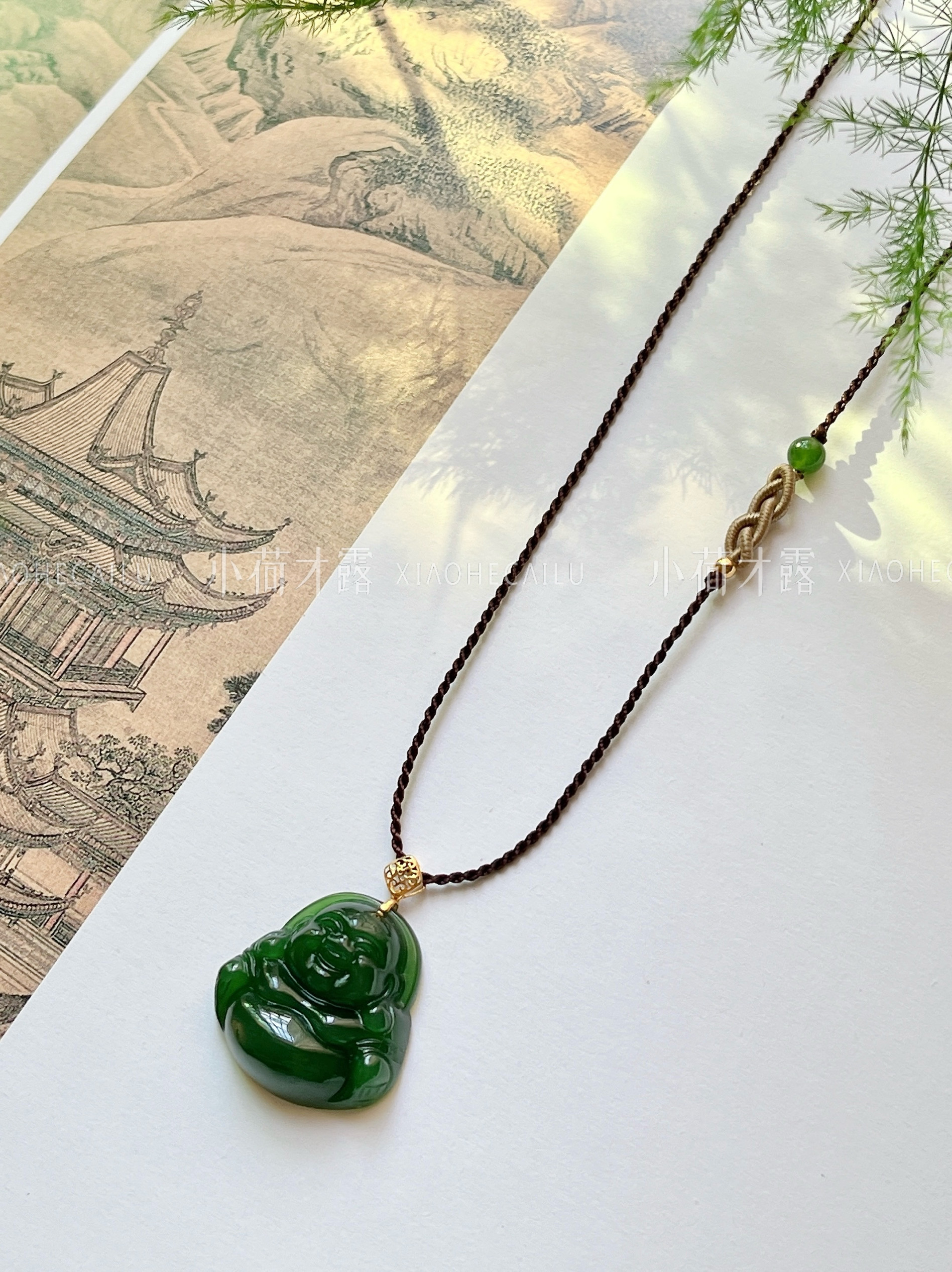 小荷才露 18K金菠菜绿厚装佛公吊坠俄料老坑碧玉正装玉佛项链22mm