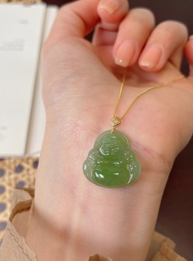 天然和田碧玉佛公18k金扣苹果绿佛牌弥勒佛笑佛玉坠附带鉴定证书