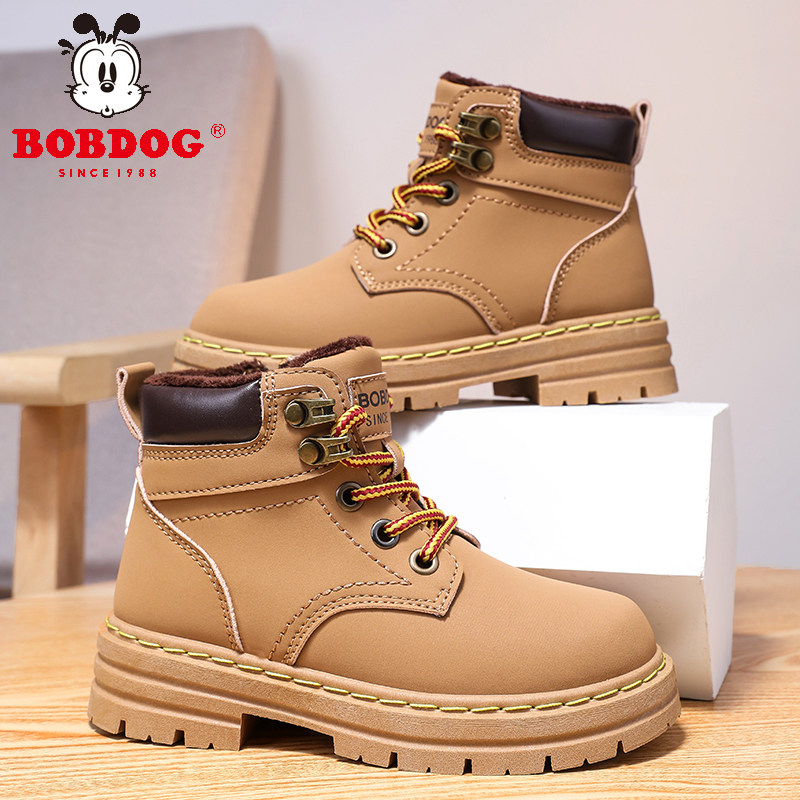 巴布豆正品男童马丁靴冬季新款小女孩加绒二棉鞋皮面儿童短靴鞋子