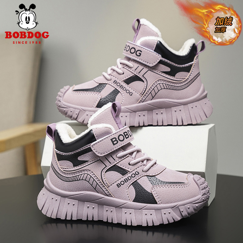 巴布豆女童鞋子冬季新款大棉皮面男孩百搭保暖鞋子加绒儿童运动鞋