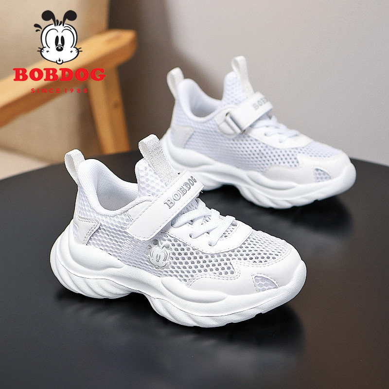 巴布豆儿童小白鞋男童运动鞋2025夏季新款网面透气休闲白色鞋子女