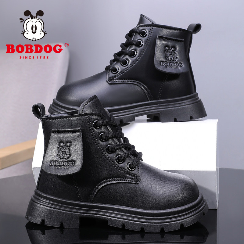 巴布豆正品男童马丁靴冬季新款小女孩加绒大棉鞋皮面儿童短靴鞋子