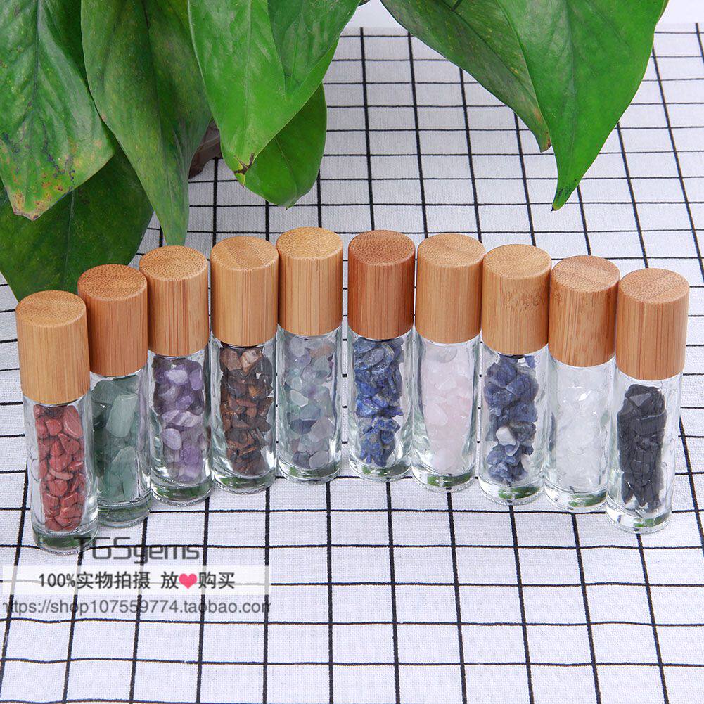 10ML 대나무 뚜껑 롤링 볼 유리 병 천연 옥 롤링 볼 자갈 에센셜 오일 병 준 보석 향수 병