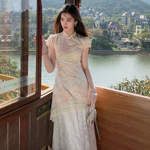 新中式国风拼接旗袍连衣裙2026女夏新款盘扣蕾丝收腰显瘦时尚长裙