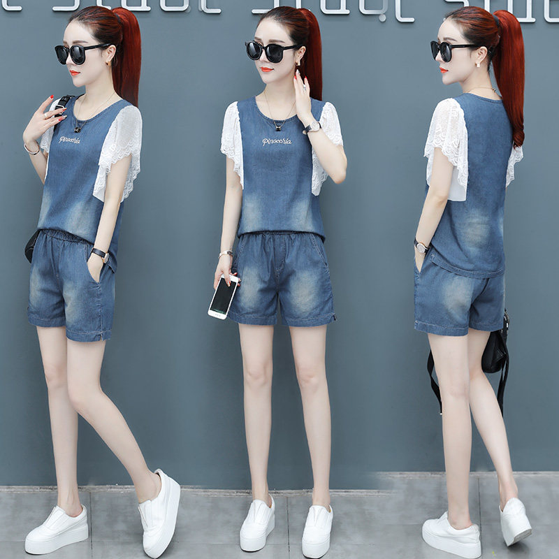 时尚牛仔套装女装2019夏装新款韩版短袖蕾丝拼接阔腿短裤两件套潮|msdalam kategori luar/Mountaineer/Camping/Aksesori perjalanan, pakaian luar, pakaian percutian luar, pakaian percutian luar - dari Buy2taobao.com untuk memberikan perkhidmatan ejen Taobao profesional membeli