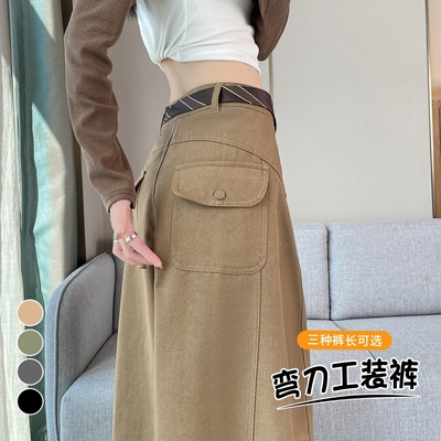 实拍2025秋冬新款弯刀裤工装裤高腰阔腿休闲裤直筒复古运动裤女