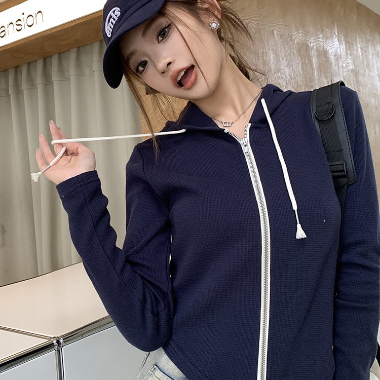 实拍2025秋冬新款修身短款华夫格连帽衫卫衣女百搭双拉链外套上衣