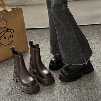 切尔西马丁靴女2025新款春秋单靴爆款厚底烟管烟筒咖色短靴女靴子