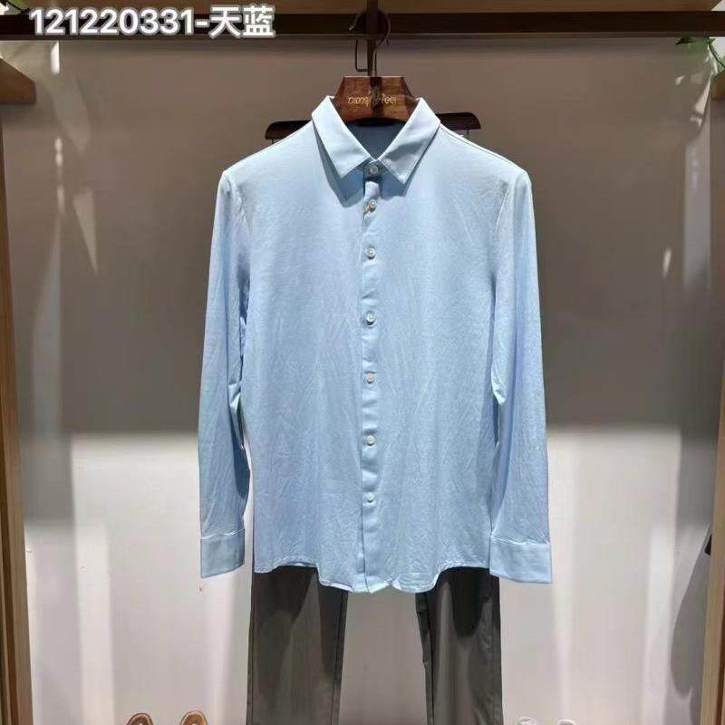 路家男士春秋季夏棉针织弹力浅兰纯色长袖衬衫迪家款上班休闲通勤